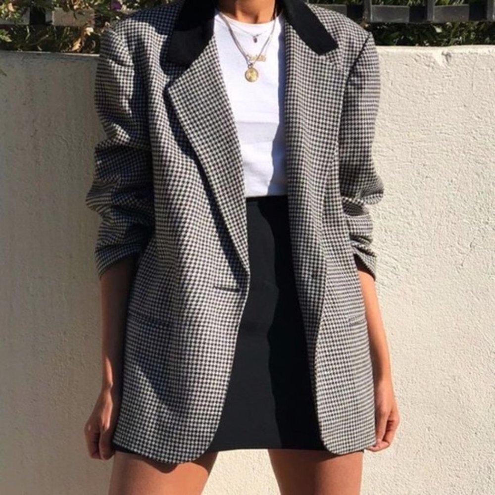 Sag Harbor 90's Vintage Houndstooth Wool Blend Blazer With Velvet Collar SZ 6P